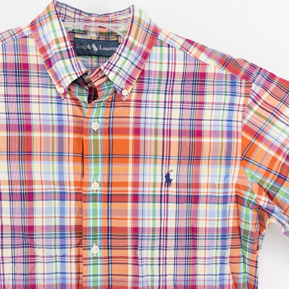 VTG Polo Ralph Lauren Mens Med Button Shirt Plaid Short Sleeve Multicolor Madras